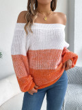 Color blocked off shoulder lantern sleeve pullover sweater