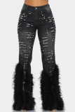 High waisted imitation pearl embellished feather jeans
