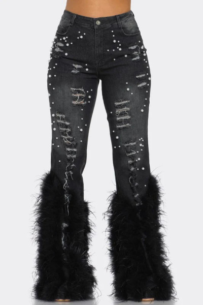 High waisted imitation pearl embellished feather jeans