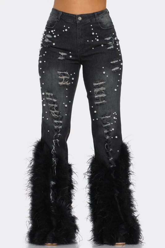 High waisted imitation pearl embellished feather jeans