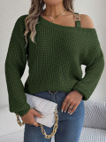 Metal buckle splicing off shoulder lantern sleeve pullover sweater