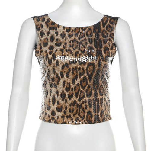 Sleeveless vest with patchwork lace and leopard print backless top