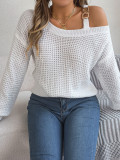Metal buckle splicing off shoulder lantern sleeve pullover sweater