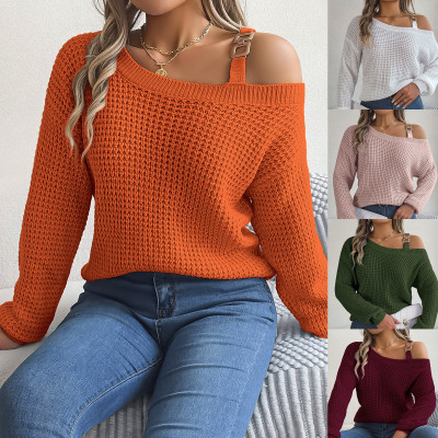 Metal buckle splicing off shoulder lantern sleeve pullover sweater
