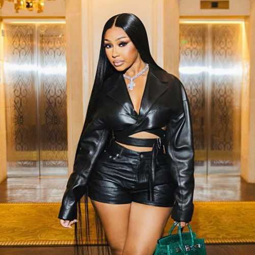 Collar V-neck PU leather tight shorts set