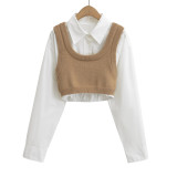 Striped short shirt sleeveless knitted vest top set