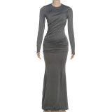 Round neck long sleeved patchwork hip hugging long skirt