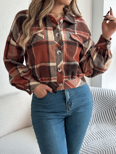 Plaid long sleeved woolen jacket jacket