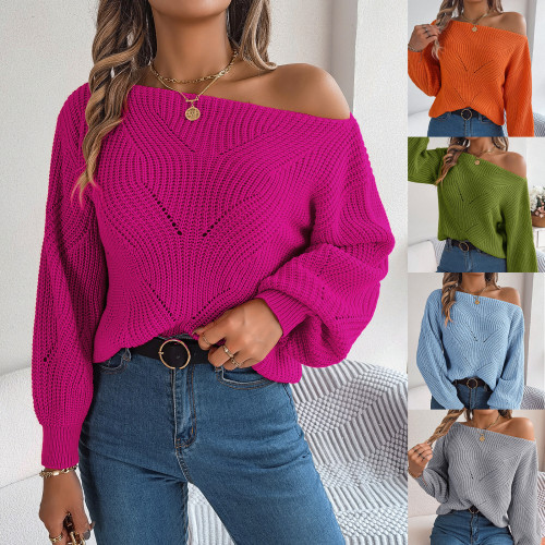 Hollow out one necked off shoulder lantern sleeve sweater