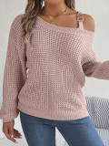 Metal buckle splicing off shoulder lantern sleeve pullover sweater