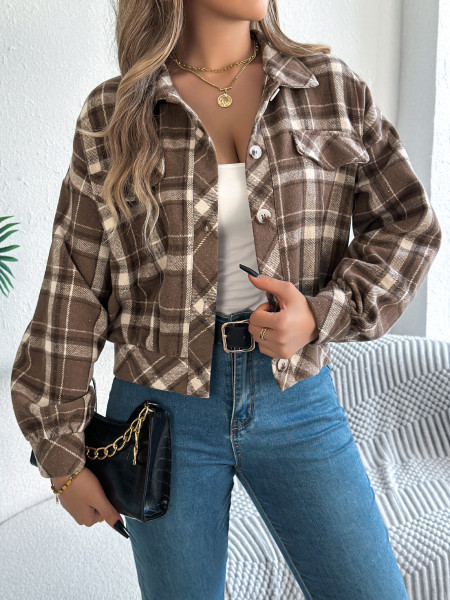 Plaid long sleeved woolen jacket jacket