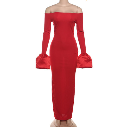 One collar flower bud long sleeved slit dress