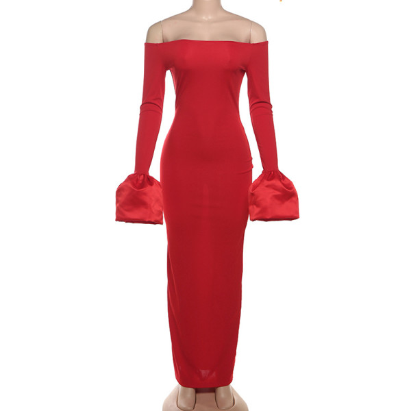 One collar flower bud long sleeved slit dress