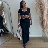 Color blocked crop top round neck metal decorative dress