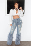 High waisted imitation pearl embellished feather jeans
