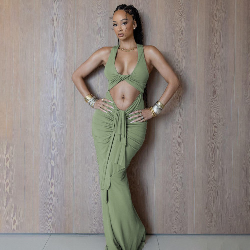 Twisted hollow out long skirt with pleated straps dress