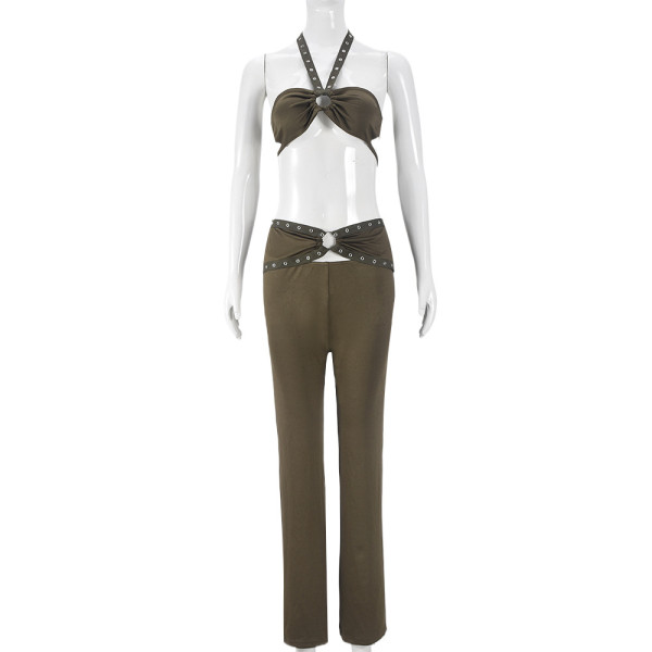 Strap open navel hollow hanging neck strapless pants set