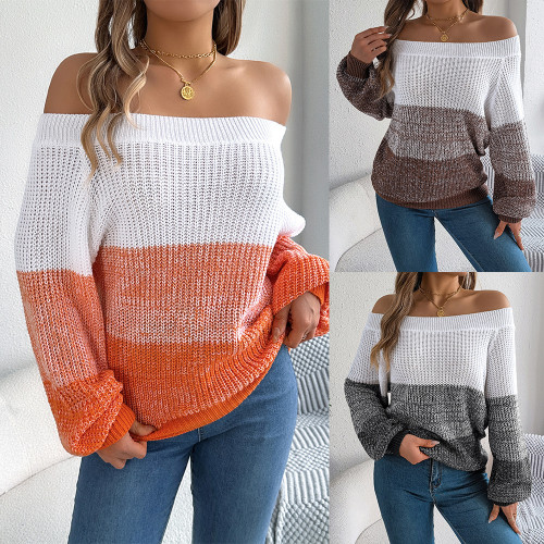 Color blocked off shoulder lantern sleeve pullover sweater