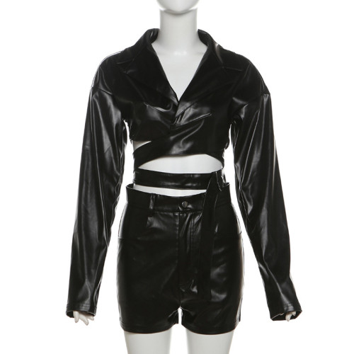 Collar V-neck PU leather tight shorts set