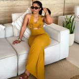 Hanging neck three-dimensional flower decoration high waist one-step skirt dress