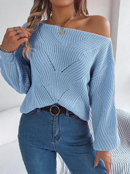 Hollow out one necked off shoulder lantern sleeve sweater