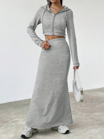 Long sleeved hooded zipper sweatshirt with hip hugging long skirt set