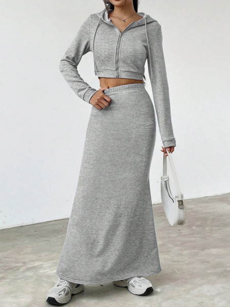 Long sleeved hooded zipper sweatshirt with hip hugging long skirt set