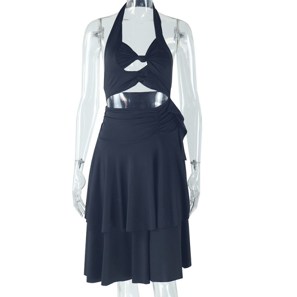 Solid color hanging neck V-neck off shoulder sleeveless short skirt