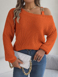 Metal buckle splicing off shoulder lantern sleeve pullover sweater