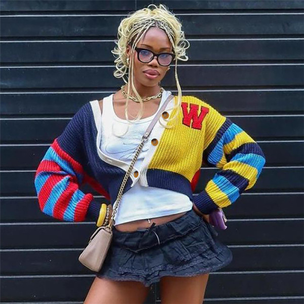 Colorful letter knitted button short long sleeved jacket