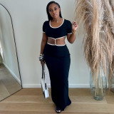 Color blocked crop top round neck metal decorative dress