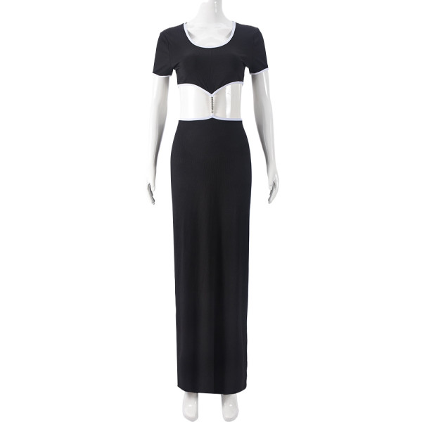 Color blocked crop top round neck metal decorative dress
