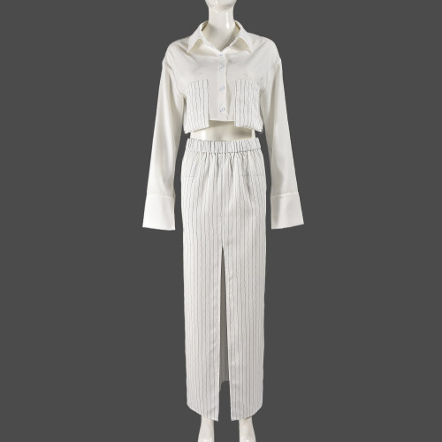 Women's shirt style with exposed navel, long sleeved top, elastic waist, half skirt set