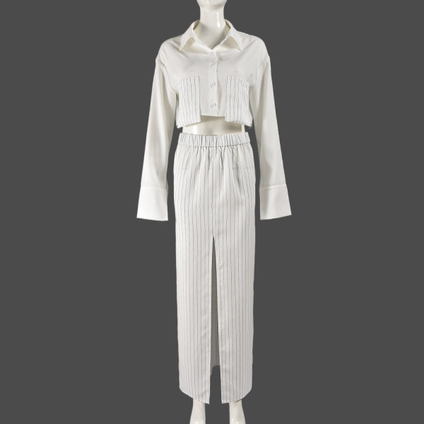Women's shirt style with exposed navel, long sleeved top, elastic waist, half skirt set