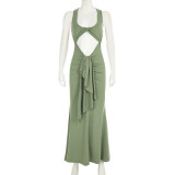 Twisted hollow out long skirt with pleated straps dress