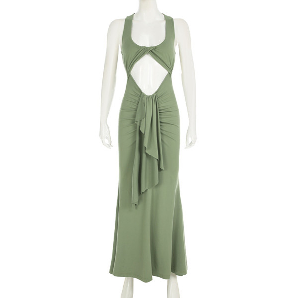 Twisted hollow out long skirt with pleated straps dress