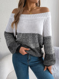 Color blocked off shoulder lantern sleeve pullover sweater