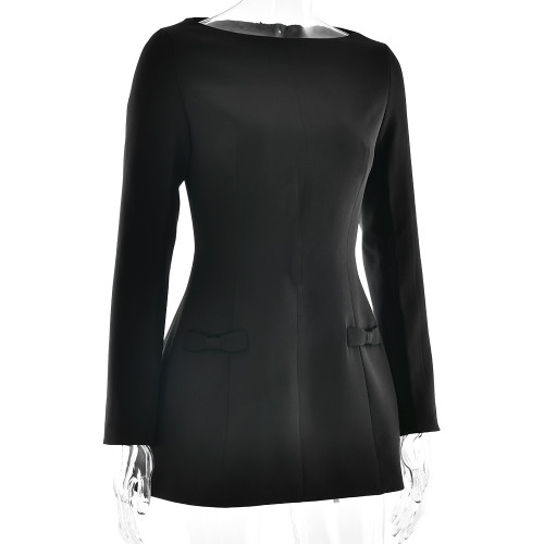 Boat collar long sleeved A-line skirt bow dress