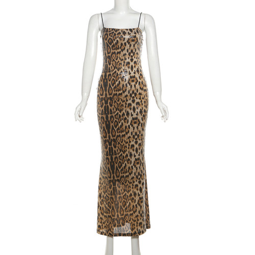 Strap leopard print hip hugging tight jumpsuit long skirt