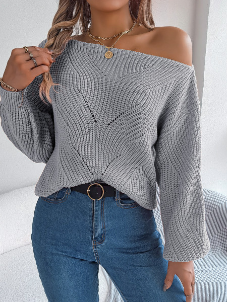 Hollow out one necked off shoulder lantern sleeve sweater