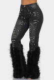 High waisted imitation pearl embellished feather jeans