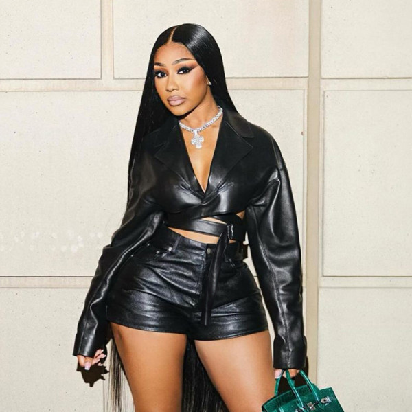 Collar V-neck PU leather tight shorts set