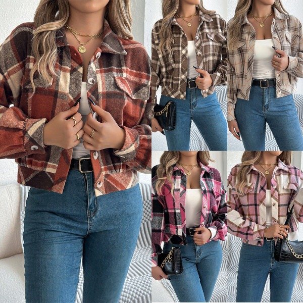Plaid long sleeved woolen jacket jacket