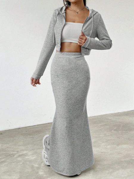 Long sleeved hooded zipper sweatshirt with hip hugging long skirt set
