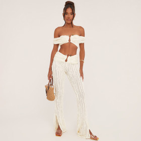 Open navel one shoulder top, high waist straight leg pants set