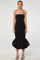 Solid color spliced suspender long knitted fishtail dress