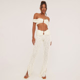 Open navel one shoulder top, high waist straight leg pants set