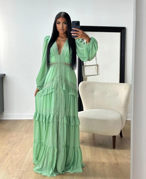 Splicing long sleeved V-neck dress for women's long skirt