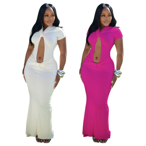 Hollow pleated jumpsuit half skirt set