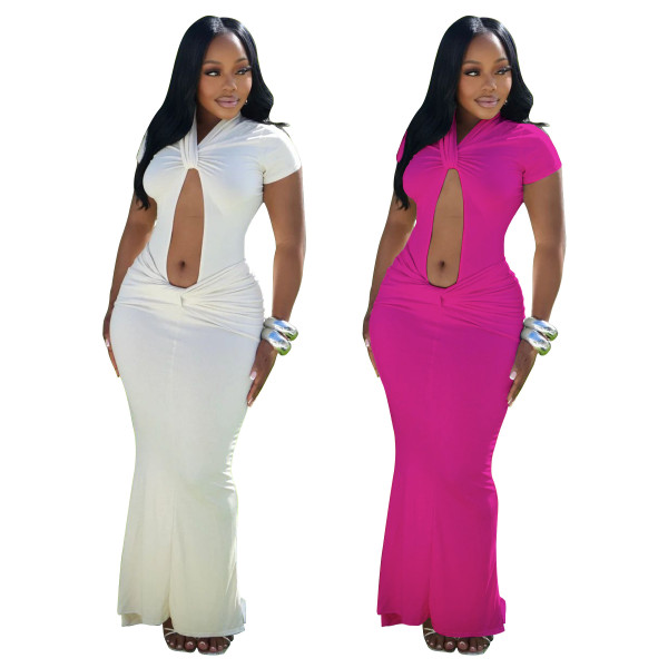 Hollow pleated jumpsuit half skirt set